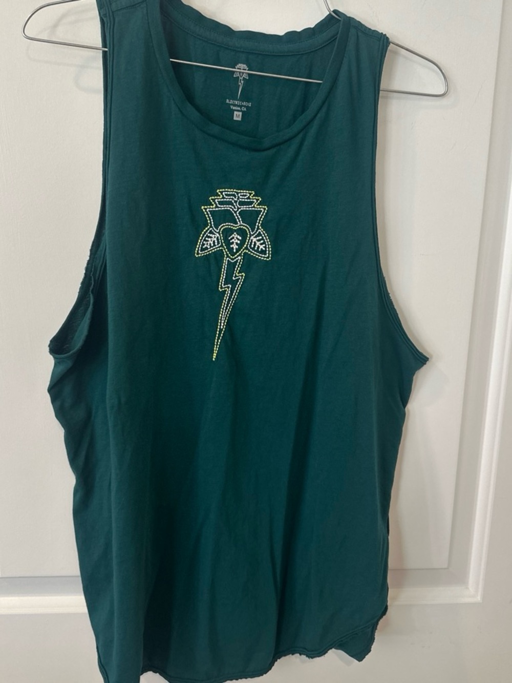 Electric & Rose Teal Muscle Tank with Neon Embroidered Lightning